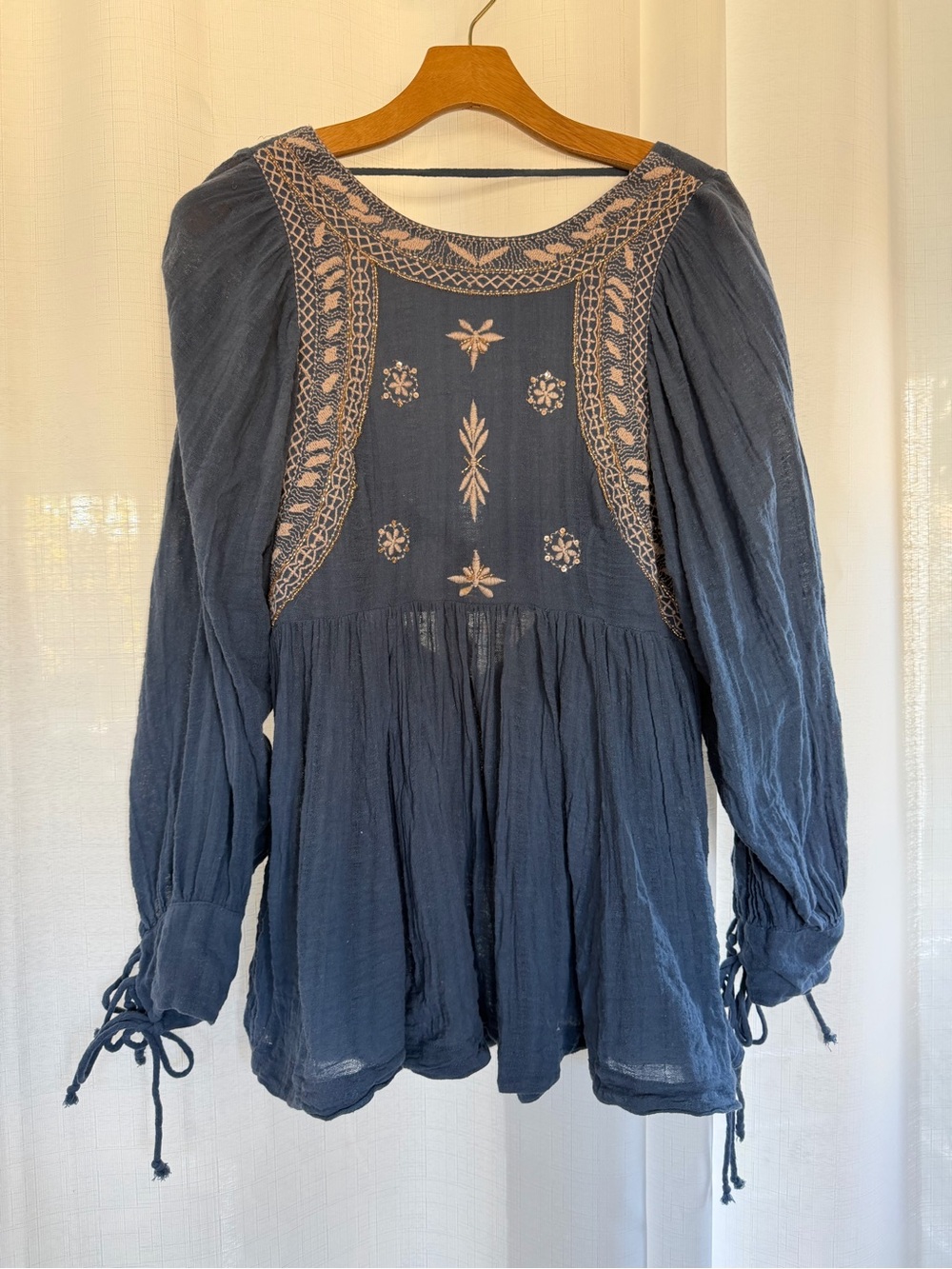 Free People Blue Embroidered Boho Gauze Tunic Blouse Size M